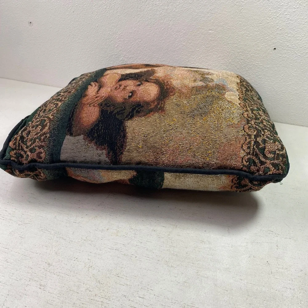Vintage Raphael Cherubs Tapestry Throw Pillow Sistine Madonna Angels Green 15x15